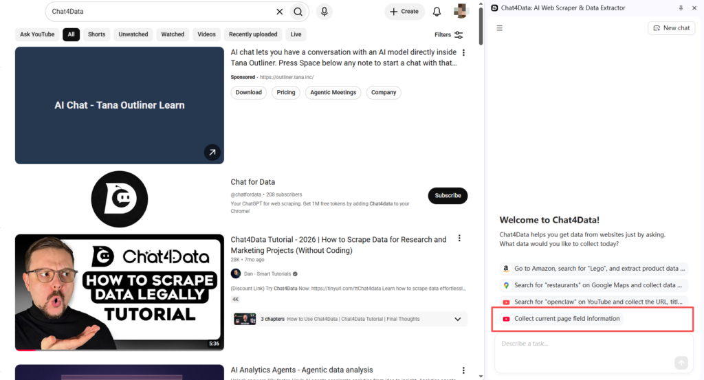 Chat4Data Chrome extension on a YouTube page with "Collect current page field information" button highlighted