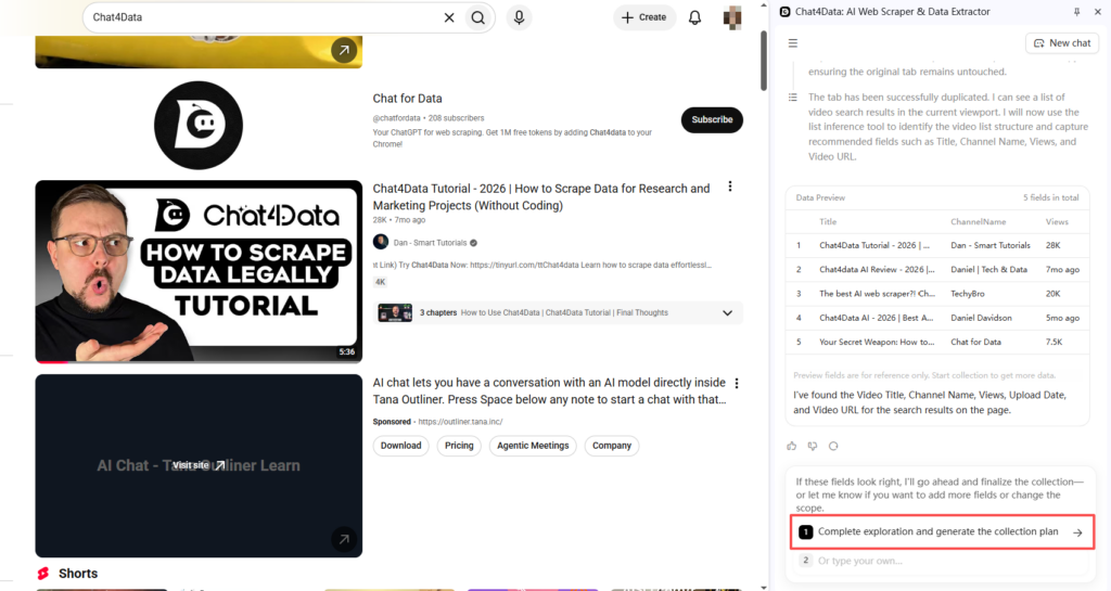 Chat4Data AI-generated extraction plan and data sample preview for review before running