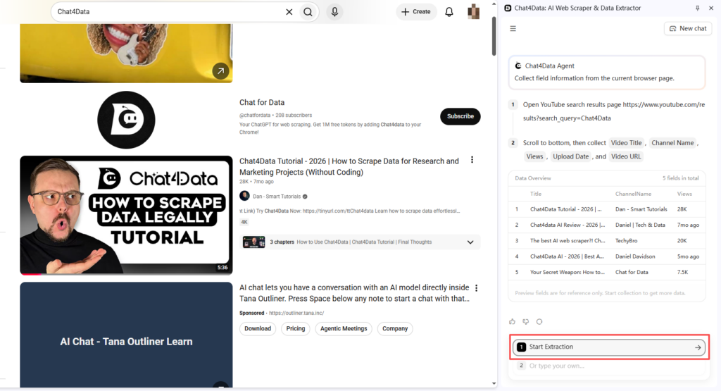 Chat4Data extraction in progress after confirming the plan and data preview