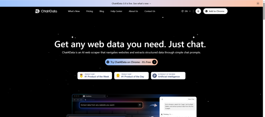 Chat4Data homepage showing its AI Chrome extension for scraping YouTube data using natural language requests