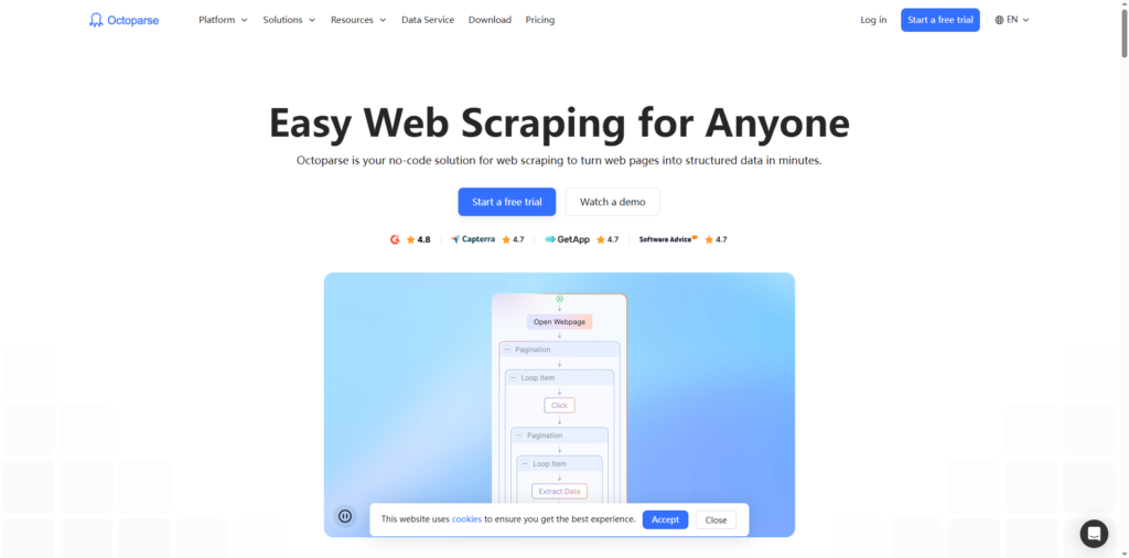 Octoparse point-and-click task builder interface for scraping YouTube pages