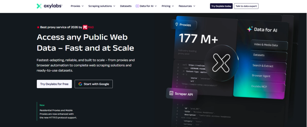 Oxylabs homepage showing its web scraping platform with 177M+ proxy pool, Scraper API, and Data for AI product suite