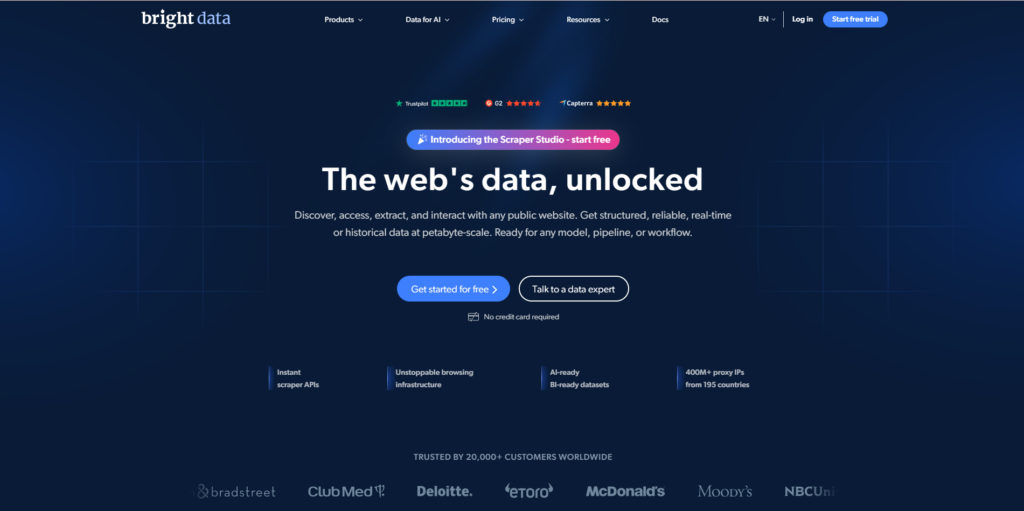 Bright Data platform showing proxy network and pre-scraped dataset options