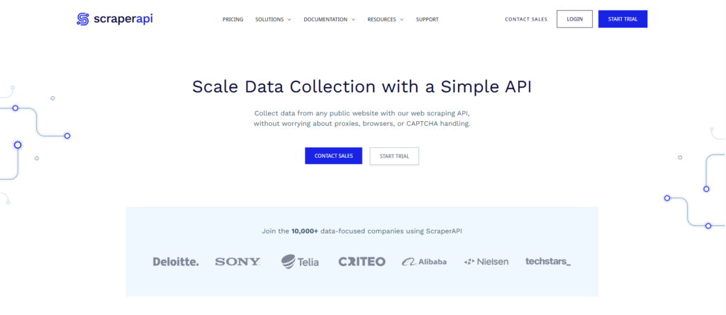 ScraperAPI dashboard showing API request setup with geotargeting options